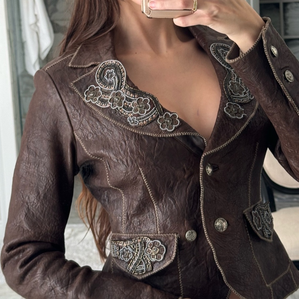 Embroidered Brown Leather Jacket